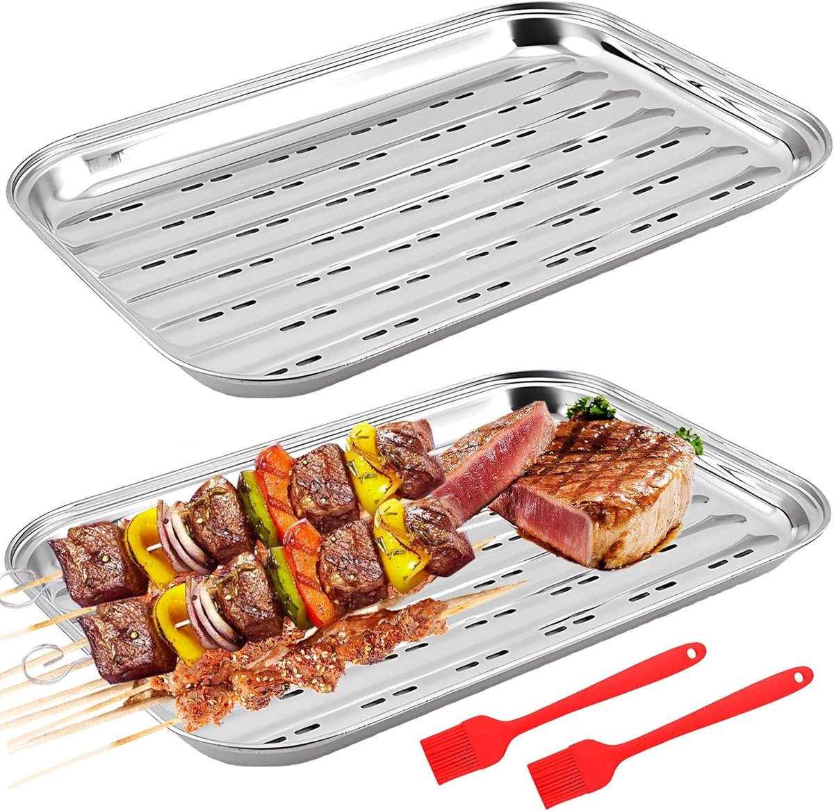 2 stuks herbruikbare grillschaal, met borstel: 34,9 x 24,5 x 2,7 cm, grillschaal van roestvrij staal, herbruikbare grillmand, groentemand, grillaccessoires voor groenten, vis of vlees voor gas