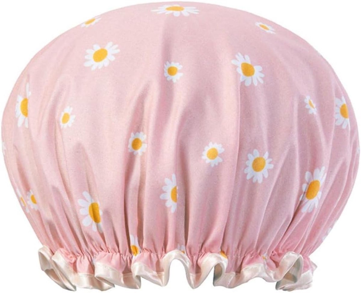 SnelShoppen - Dikke Dames Douchekap - Waterdichte Badmuts - Roze Margriet - Dubbele Laag - Haarbedekking - Douche Accessoires voor Vrouwen - Ideaal vo