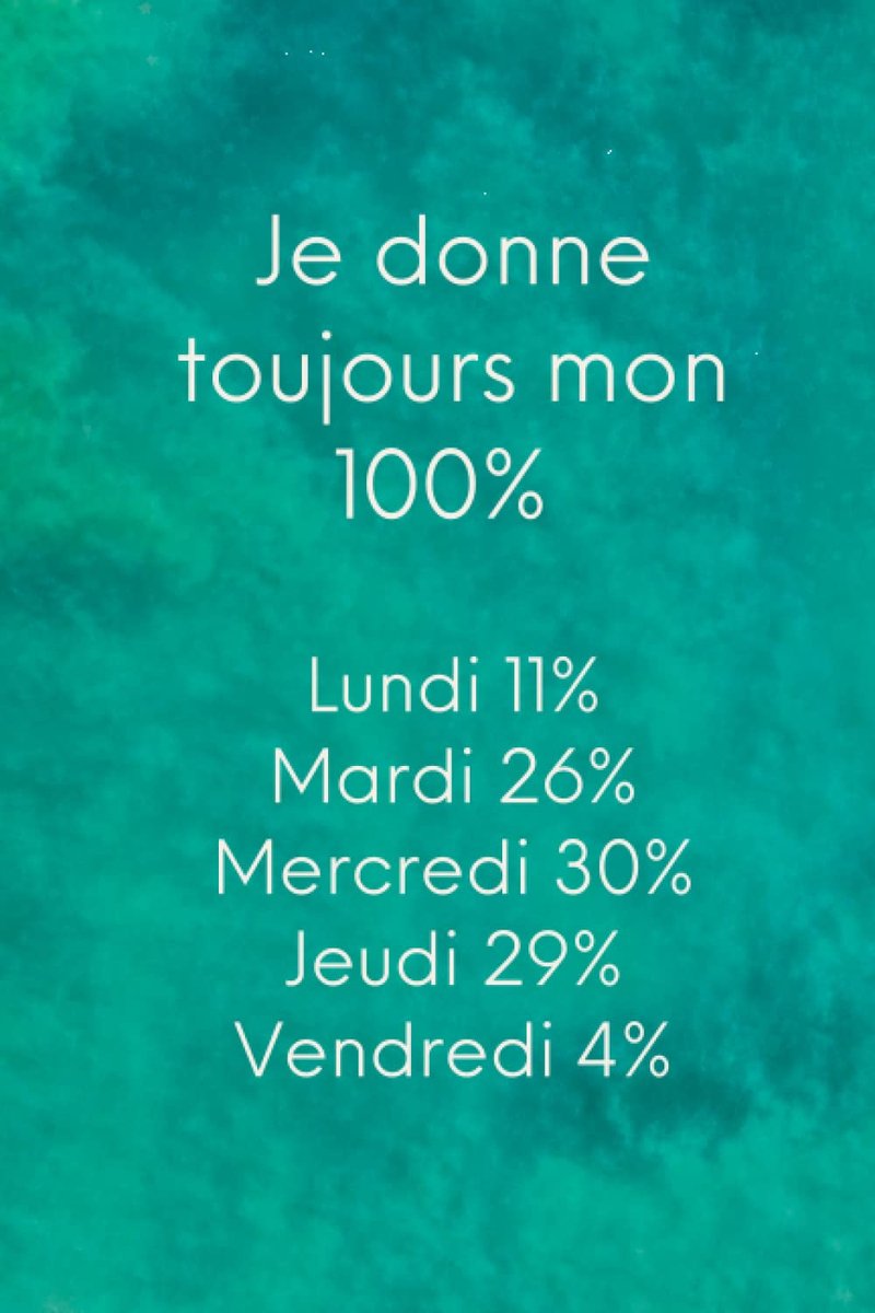 donne toujours mon 100% Lundi 11% Mardi 26% Mercredi 30% Jeudi 29% Vendredi 4%: Cahier ligné avec un Sudoku différent par page. Ne vous ennuyez ... pour vos collègues de bureau - 120 pages