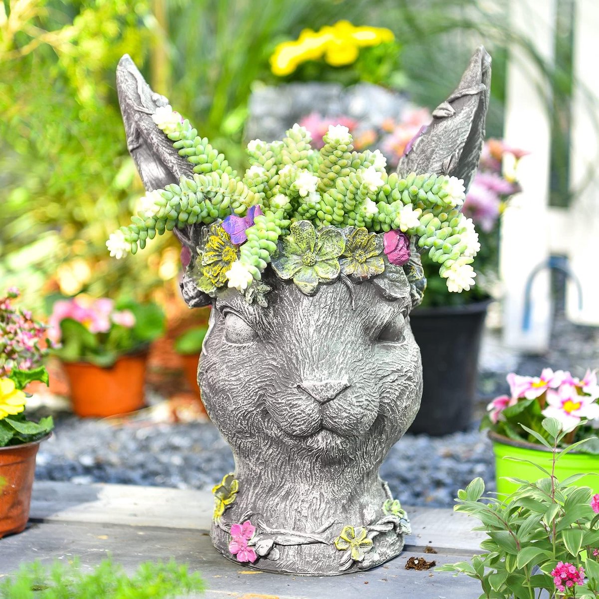 Creatieve Bobby Konijn Hoofd Planter Tuin Standbeeld Ornament | Hars Decoratieve tuinsculptuur Plantenpot | Geschikt voor Tuin Yard Balkon Gazon