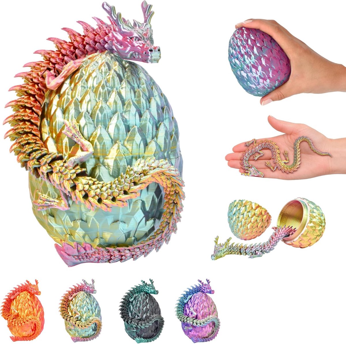 3D decoratieve Chinese draak in ei, 30 cm, verzamelfiguur, versierd ei 10 cm, exclusieve fantasie-decoratie voor woonkamer en vitrine, 14+ (rood-geel-groen)