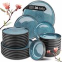 Moritz & Moritz 36-delige serviesset. Borden en kommen in donkerblauw met gespikkeld design en zwarte rand.