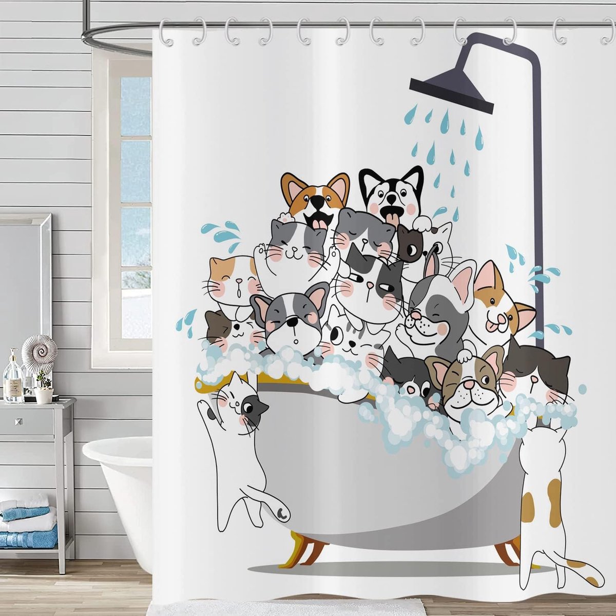 Douchegordijn 90 x 180 cm, cartoon dieren kat en hond, kinderen
