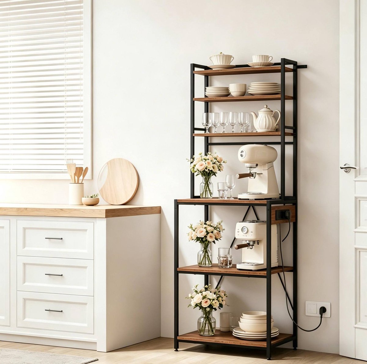 COVREO Keukenrek 60 x 40 x 167 cm, rustiekbruin en zwart, met 3 stopcontacten