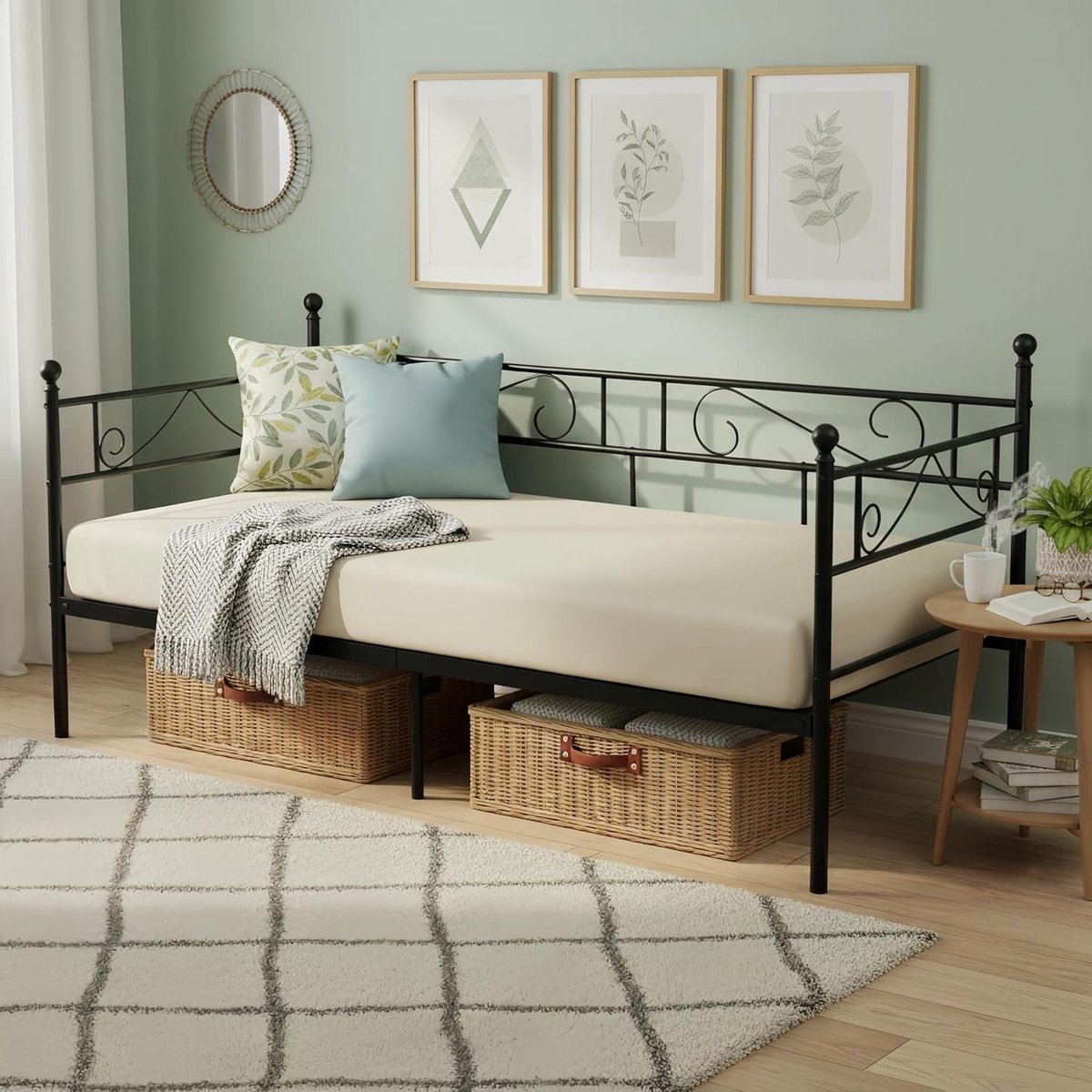 Dagbed Metaal - Bedbank Logeerbed - Ontspannen Zitten Slapen - Elegant Smeedwerk - 90 x 190 cm - Zwart