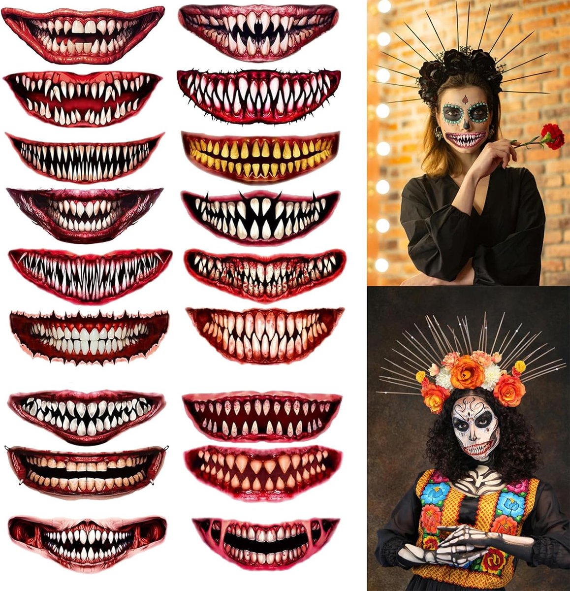 18 vellen Halloween mond-tatoeages, gezichtstattoo-stickerset, make-up, littekentatoeages, gezichtsstickers, tijdelijke Halloween-tatoeages, griezelig, voor volwassenen en kinderen