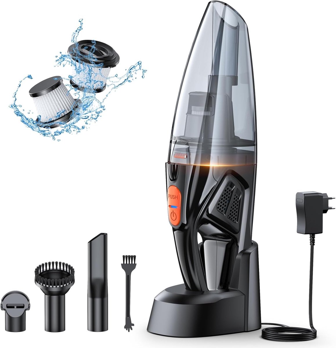 Handheld Stofzuiger, Oplaadbare 9KPA Krachtige Zuigkracht Auto Stofzuiger Snoerloos met [Snel Oplaadstation & LED-Licht], 2 HEPA Filters, Mini Stofzuiger voor Huis/Tapijt/Trappen/Huisdierenhaar