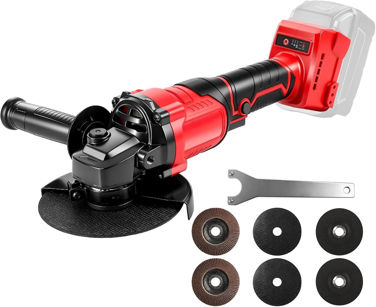 Draadloze haakse slijper met 6 snijwielen voor 18V accu, 100/125 mm schijven, 6300 rpm, ideaal voor hout, metaal en steenbewerking