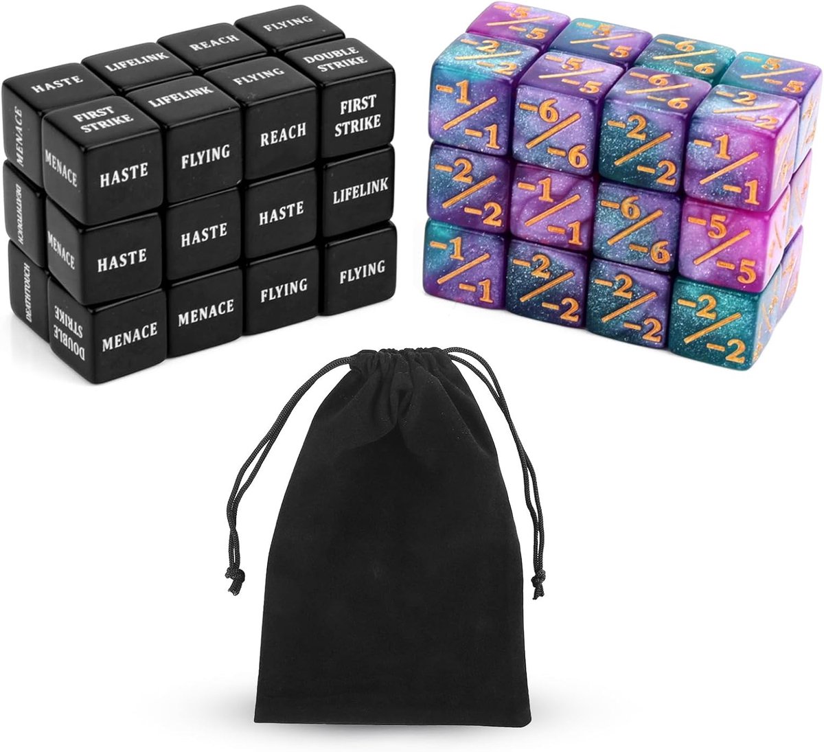 48st Dobbelstenen Vaardigheden Trefwoorden, Versterking van Wezensstatistieken Loyaliteitsdobbelstenen Magische Levenstellers voor MTG TCG RPG Accessoires voor Kaartspellen met Fluwelen Zakje