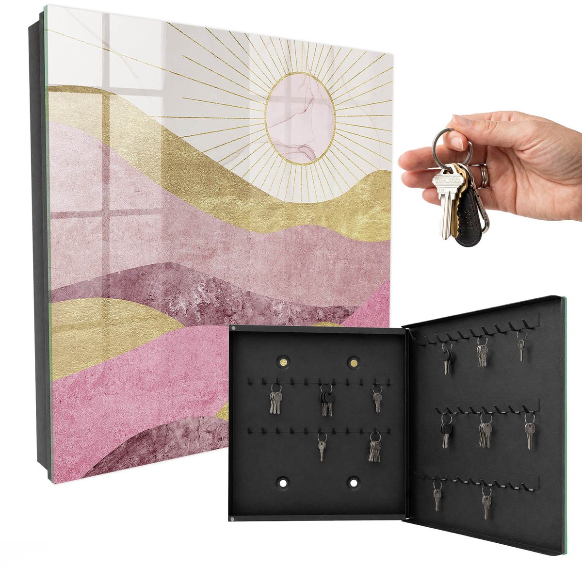 WallMuralia - Sleutelkast - 30x30x5 cm - met 50 haken - Golven, Zonnestralen Design Sleutelkastje - Geel Sleutelbox - Rechtsopenend - Zwart interieur