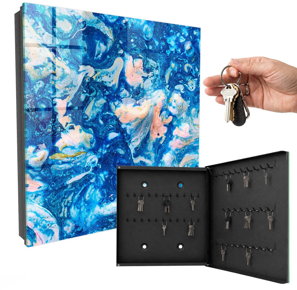 WallMuralia - Sleutelkast - 30x30x5 cm - met 50 haken - Kleurrijke Wervelingen Sleutelkastje - Blauw Sleutelbox - Rechtsopenend - Zwart interieur