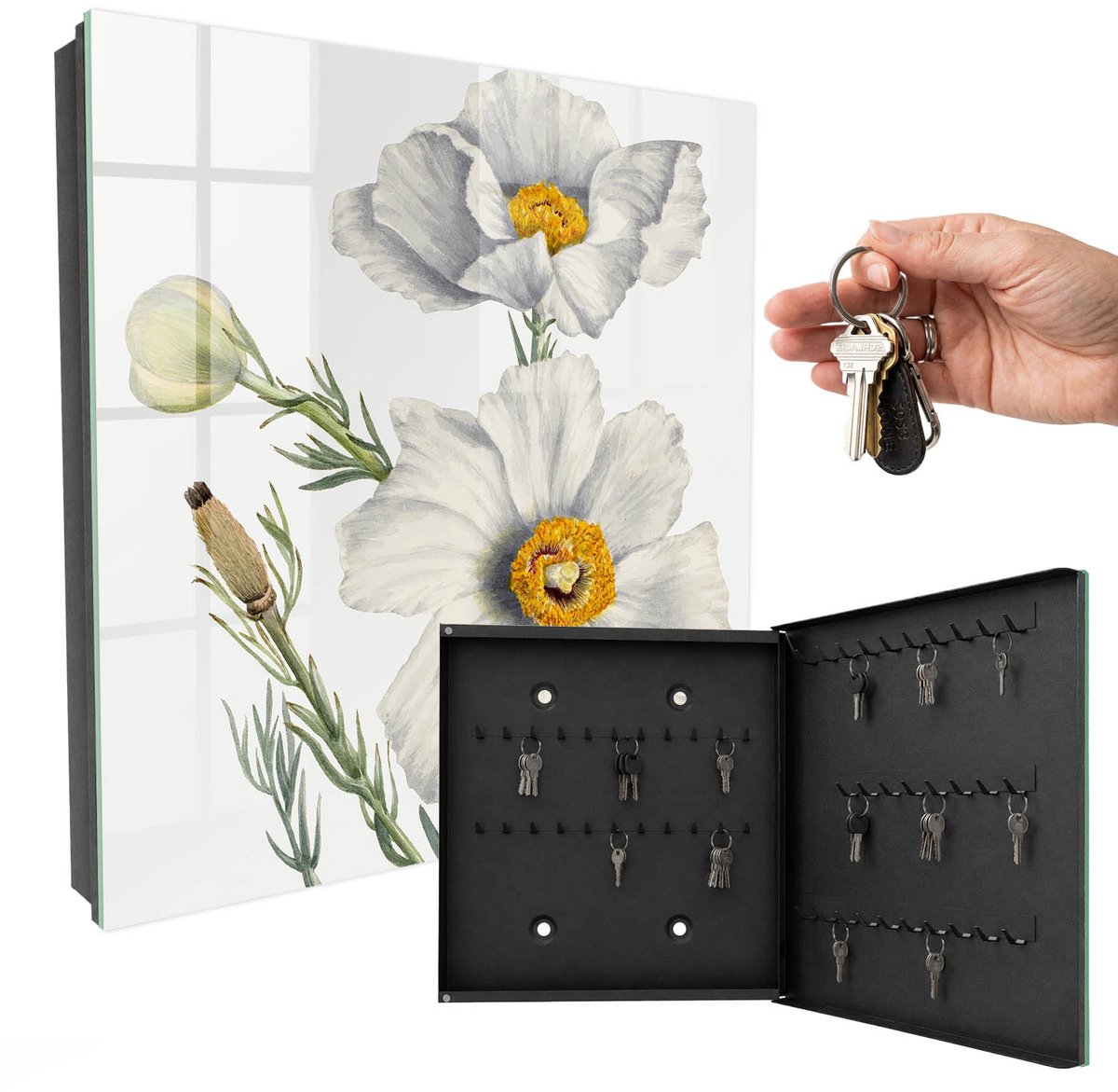 WallMuralia - Sleutelkast - 30x30x5 cm - met 50 haken - Bloemen Natuur Sleutelkastje Binnen - Wit Sleutelbox - Rechtsopenend - Zwart interieur