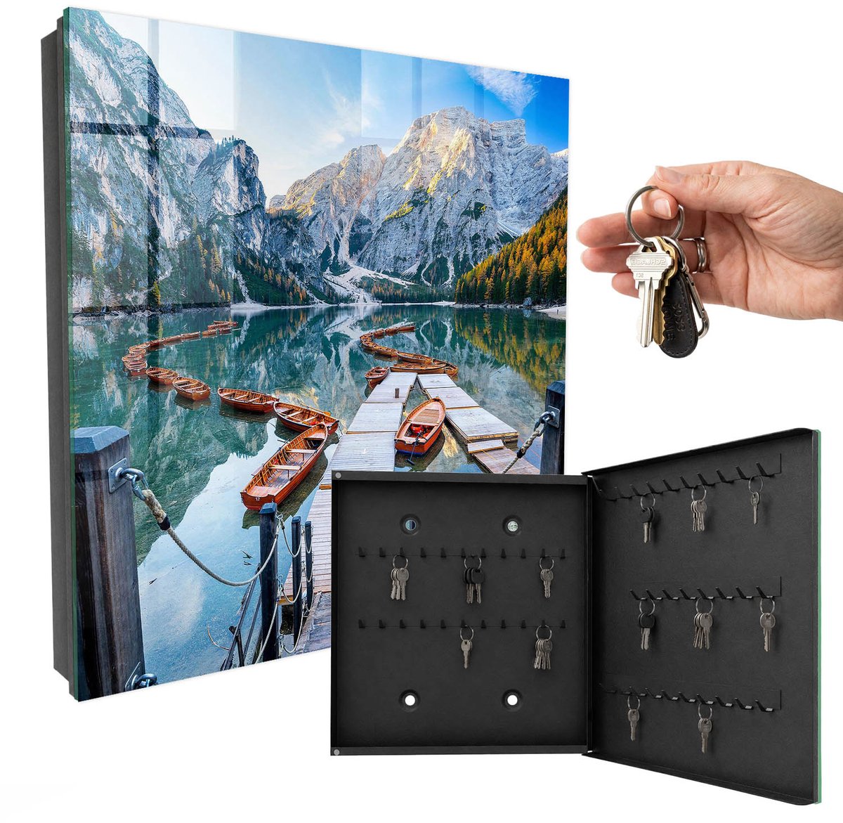 WallMuralia - Sleutelkast - 30x30x5 cm - met 50 haken - Berglandschap Sleutelkastje Voor Binnen - Blauw Sleutelbox - Rechtsopenend - Zwart interieur
