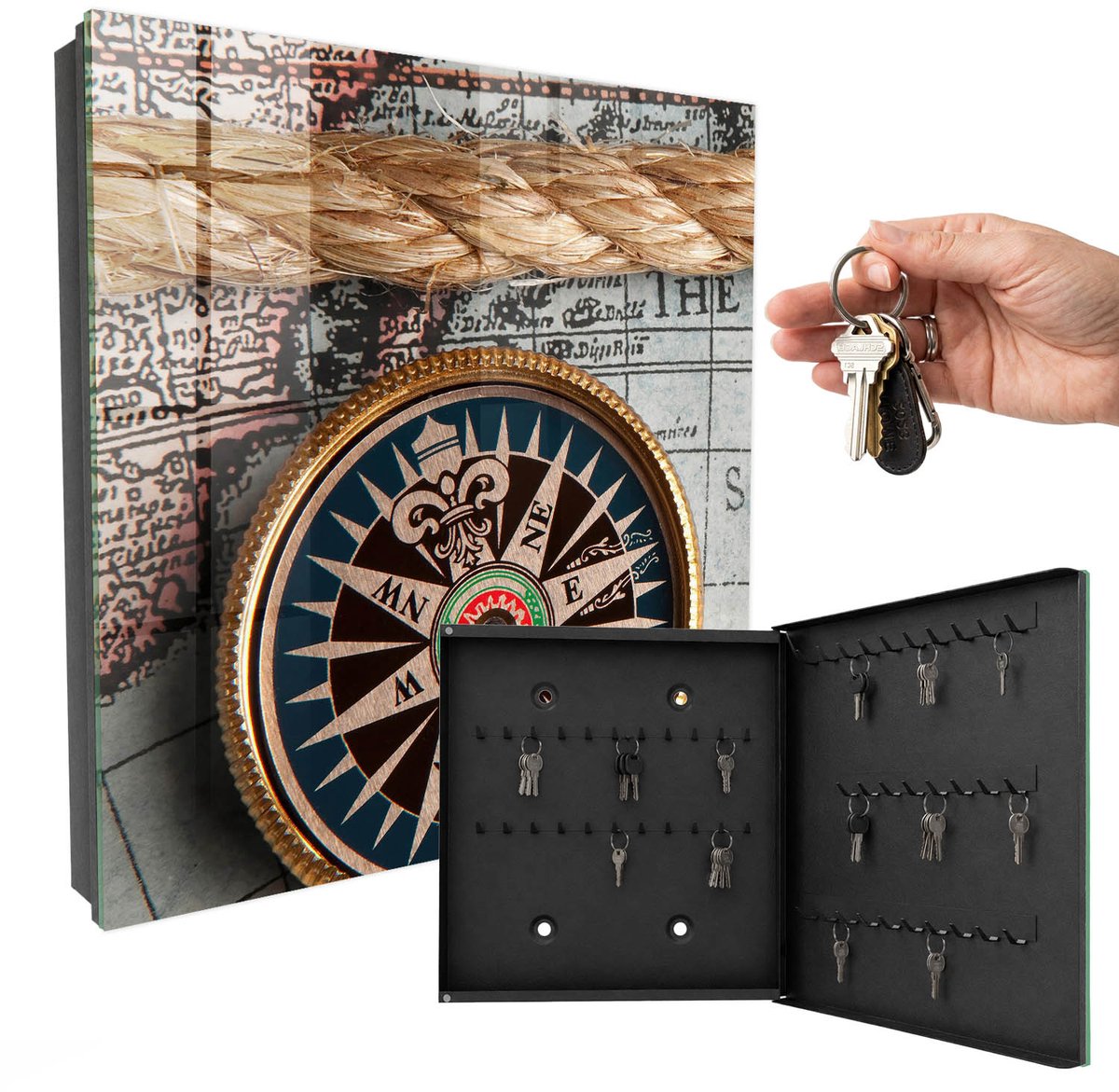 WallMuralia - Sleutelkast - 30x30x5 cm - met 50 haken - Reiskaart Sleutelkastje Hal - Bruin Sleutelbox - Rechtsopenend - Zwart interieur