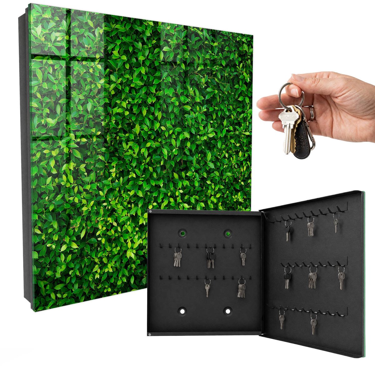 WallMuralia - Sleutelkast - 30x30x5 cm - met 50 haken - Groene Tuin Sleutelkastje Industrieel - Groente Sleutelbox - Rechtsopenend - Zwart interieur
