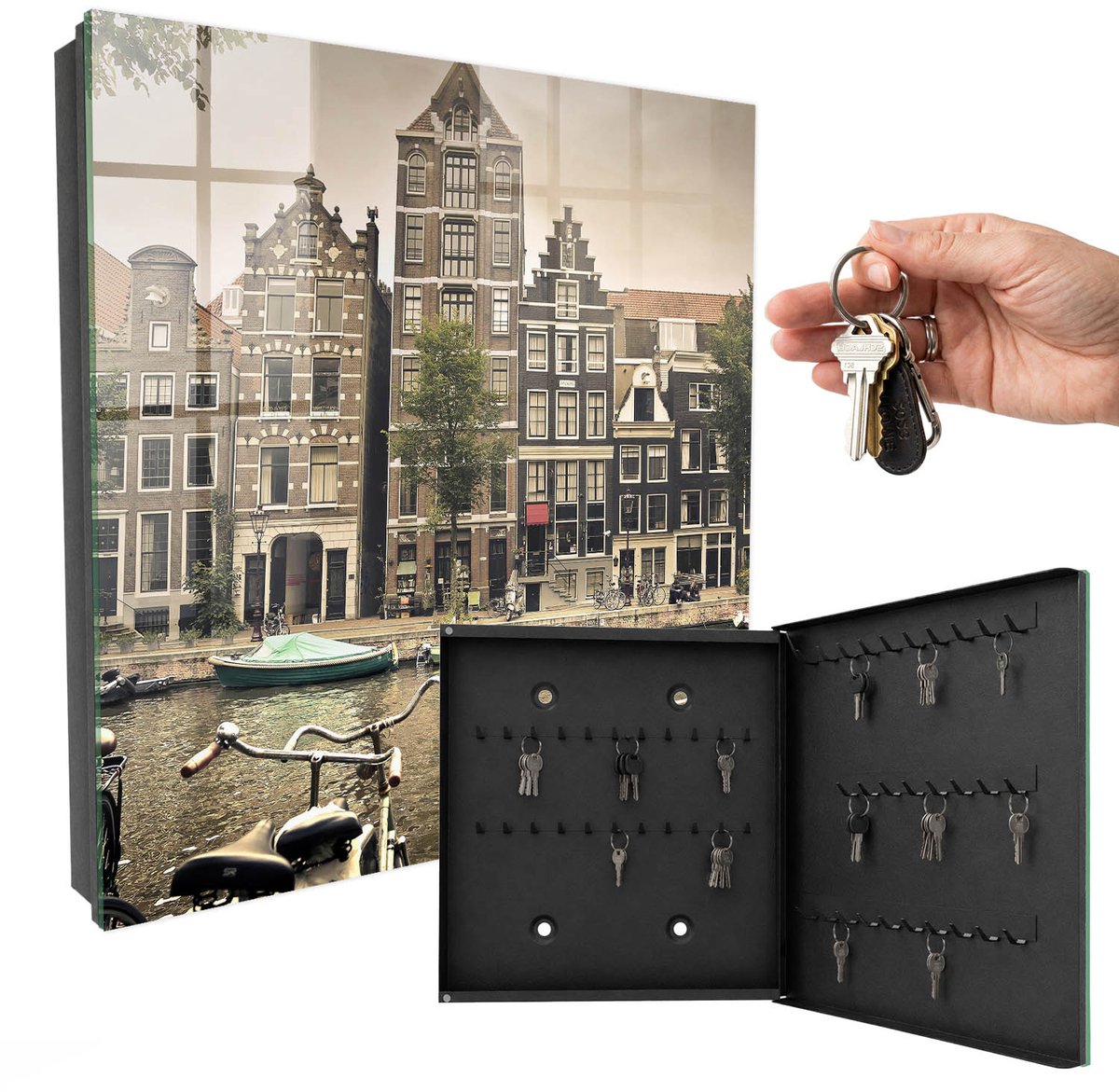 WallMuralia - Sleutelkast - 30x30x5 cm - met 50 haken - Stedelijke Vrede Leuk Sleutelkastje - Bruin Sleutelbox - Rechtsopenend - Zwart interieur