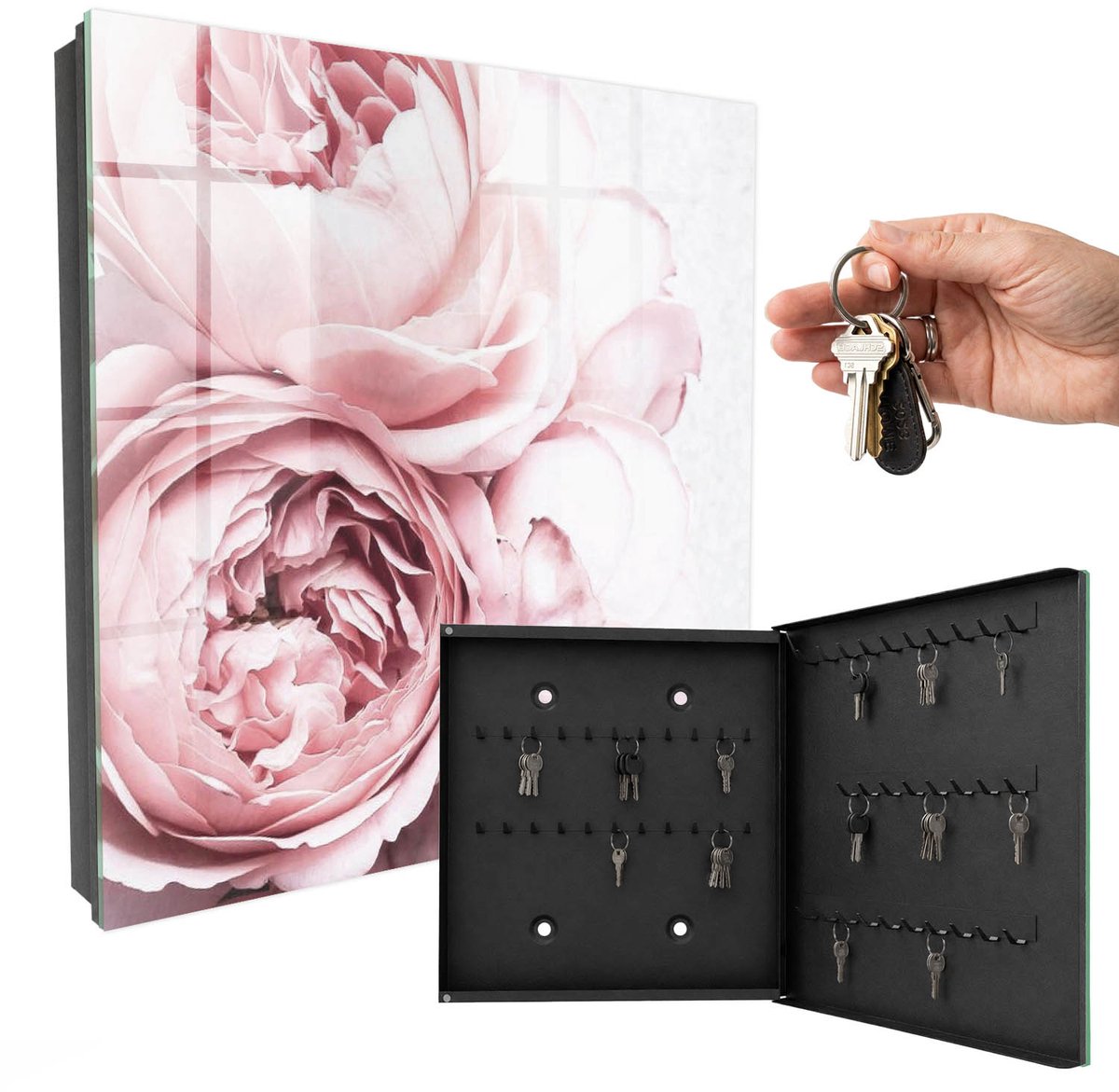WallMuralia - Sleutelkast - 30x30x5 cm - met 50 haken - Roze Schoonheid Leuk Sleutelkastje - Roze Sleutelbox - Rechtsopenend - Zwart interieur