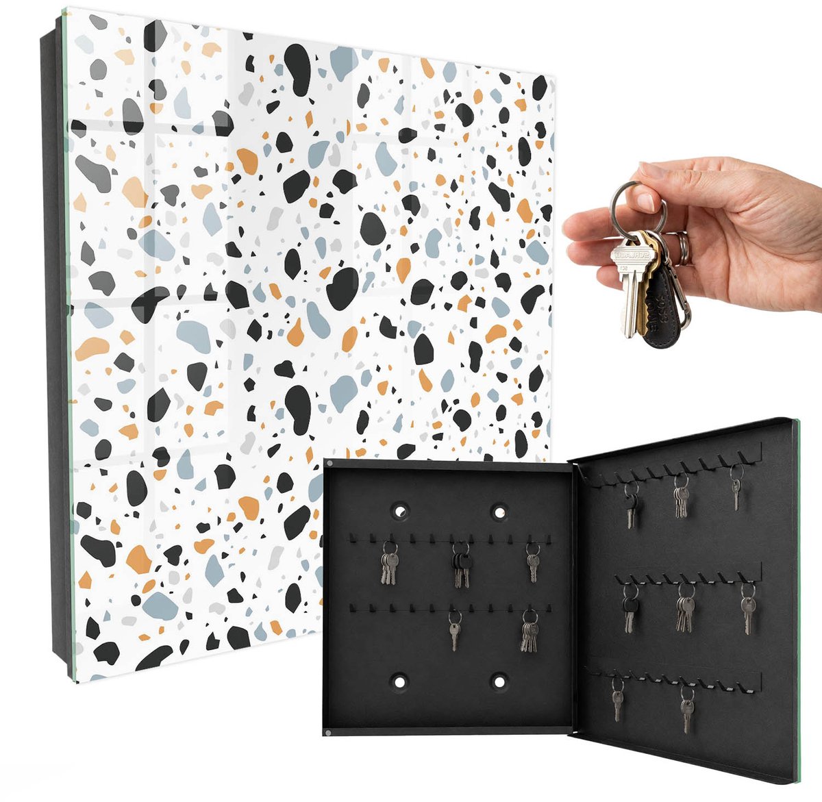 WallMuralia - Sleutelkast - 30x30x5 cm - met 50 haken - Terrazzo-Patroon Sleutelkastje Gang - Zwart Sleutelbox - Rechtsopenend - Zwart interieur