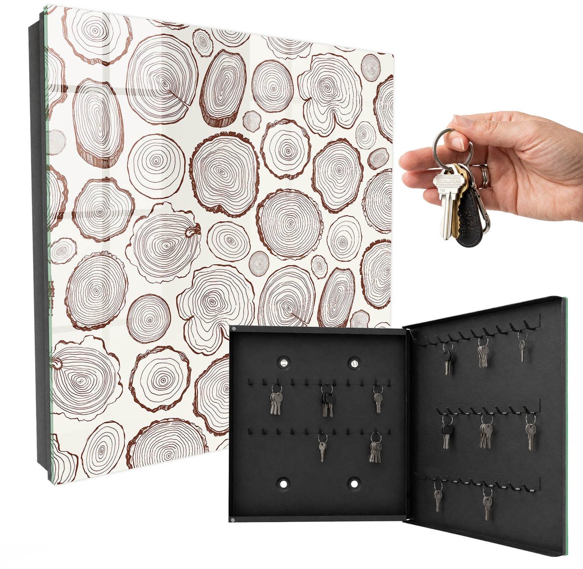 WallMuralia - Sleutelkast - 30x30x5 cm - met 50 haken - Houten Ringen Sleutelkastje Industrieel - Bruin Sleutelbox - Rechtsopenend - Zwart interieur