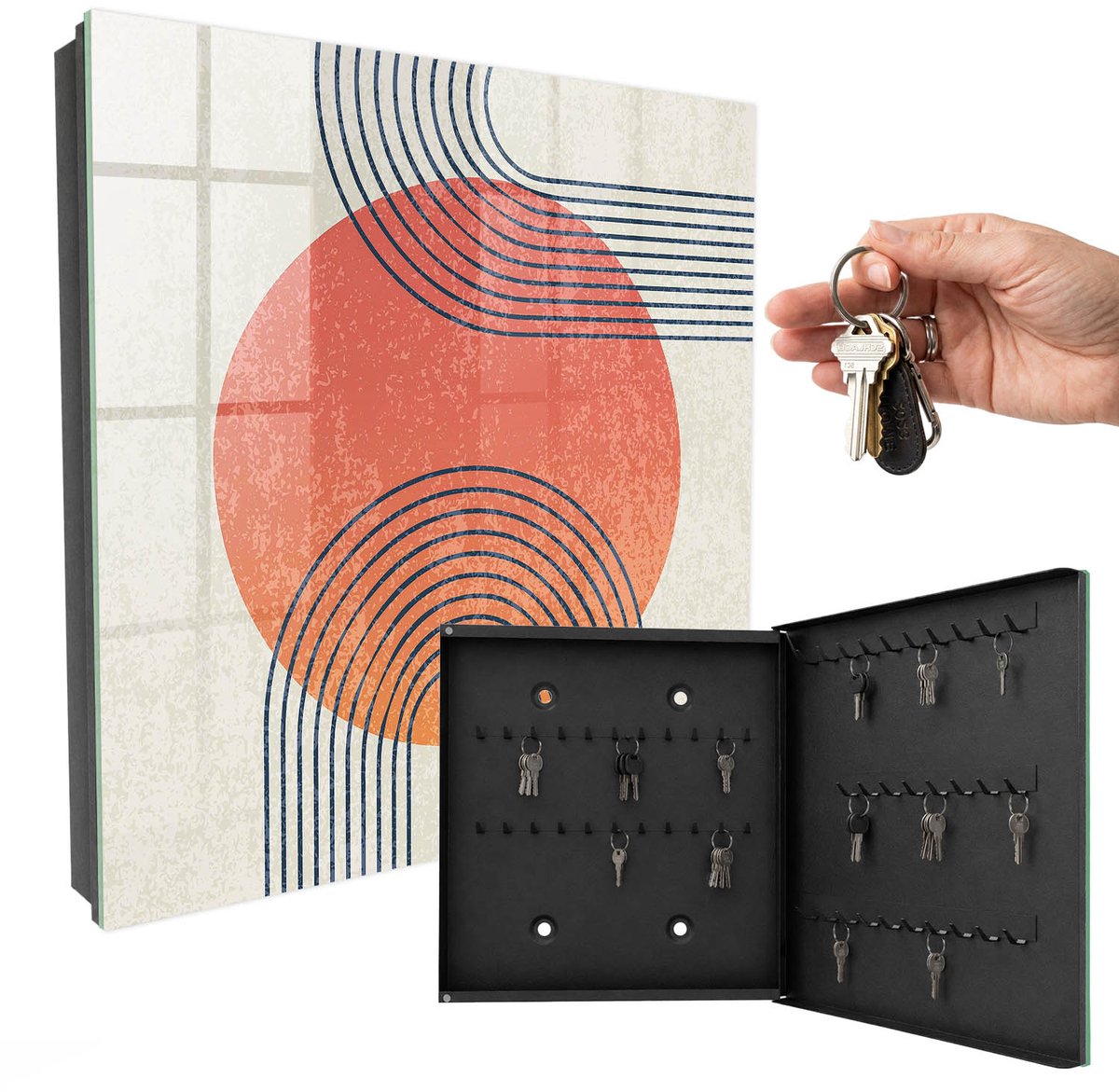WallMuralia - Sleutelkast - 30x30x5 cm - met 50 haken - Geometrische Lijnen Leuk Sleutelkastje - Oranje Sleutelbox - Rechtsopenend - Zwart interieur