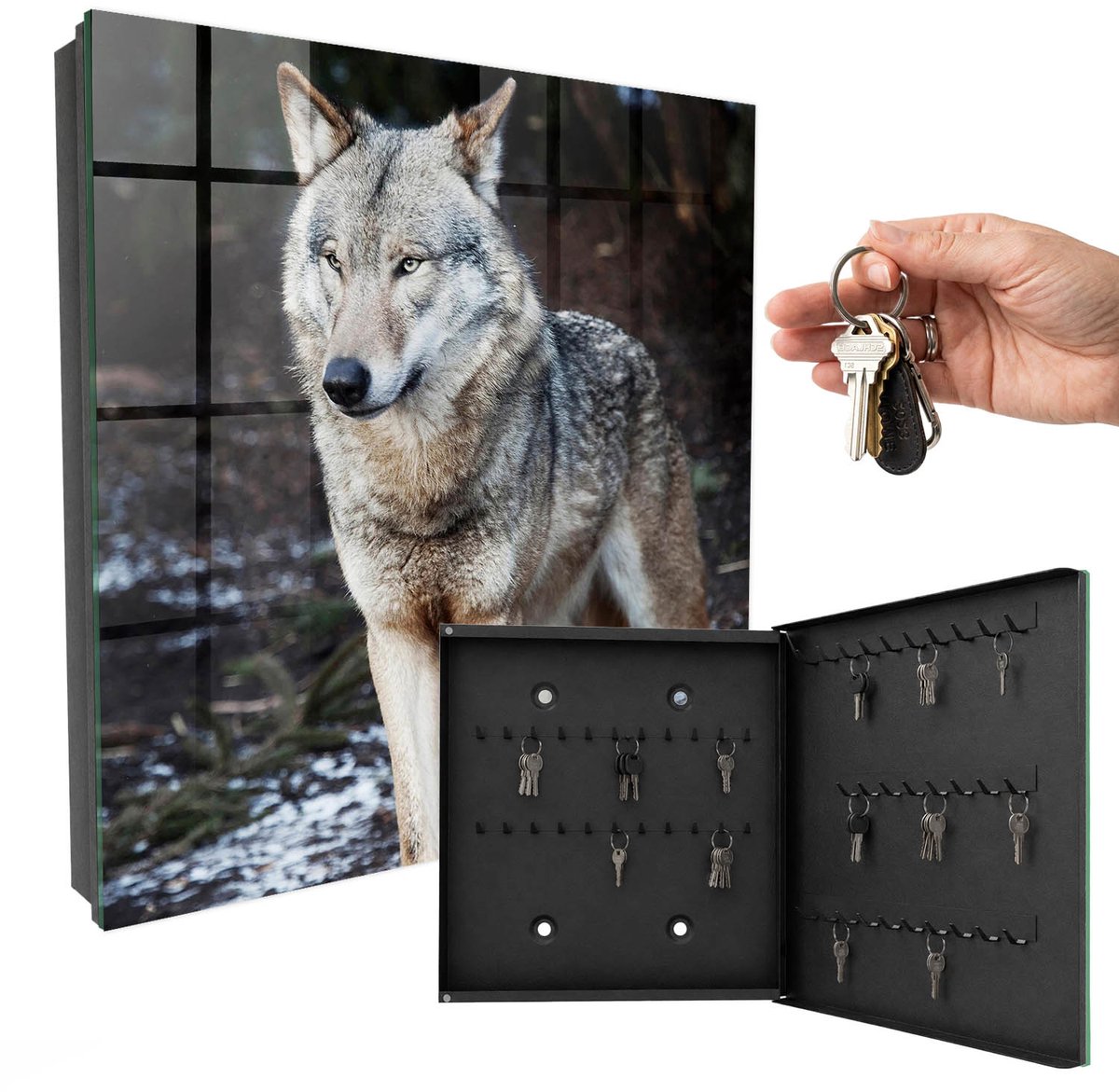 WallMuralia - Sleutelkast - 30x30x5 cm - met 50 haken - Wolf In Het Bos Groot Sleutelkastje - Grijs Sleutelbox - Rechtsopenend - Zwart interieur