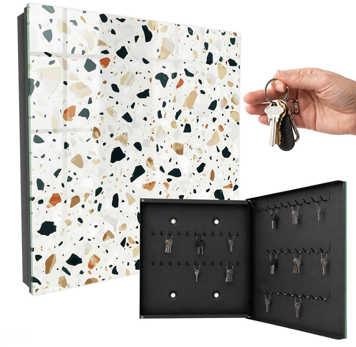 WallMuralia - Sleutelkast - 30x30x5 cm - met 50 haken - Terrazzo-Patroon Sleutelkastje Muur - Grijs Sleutelbox - Rechtsopenend - Zwart interieur