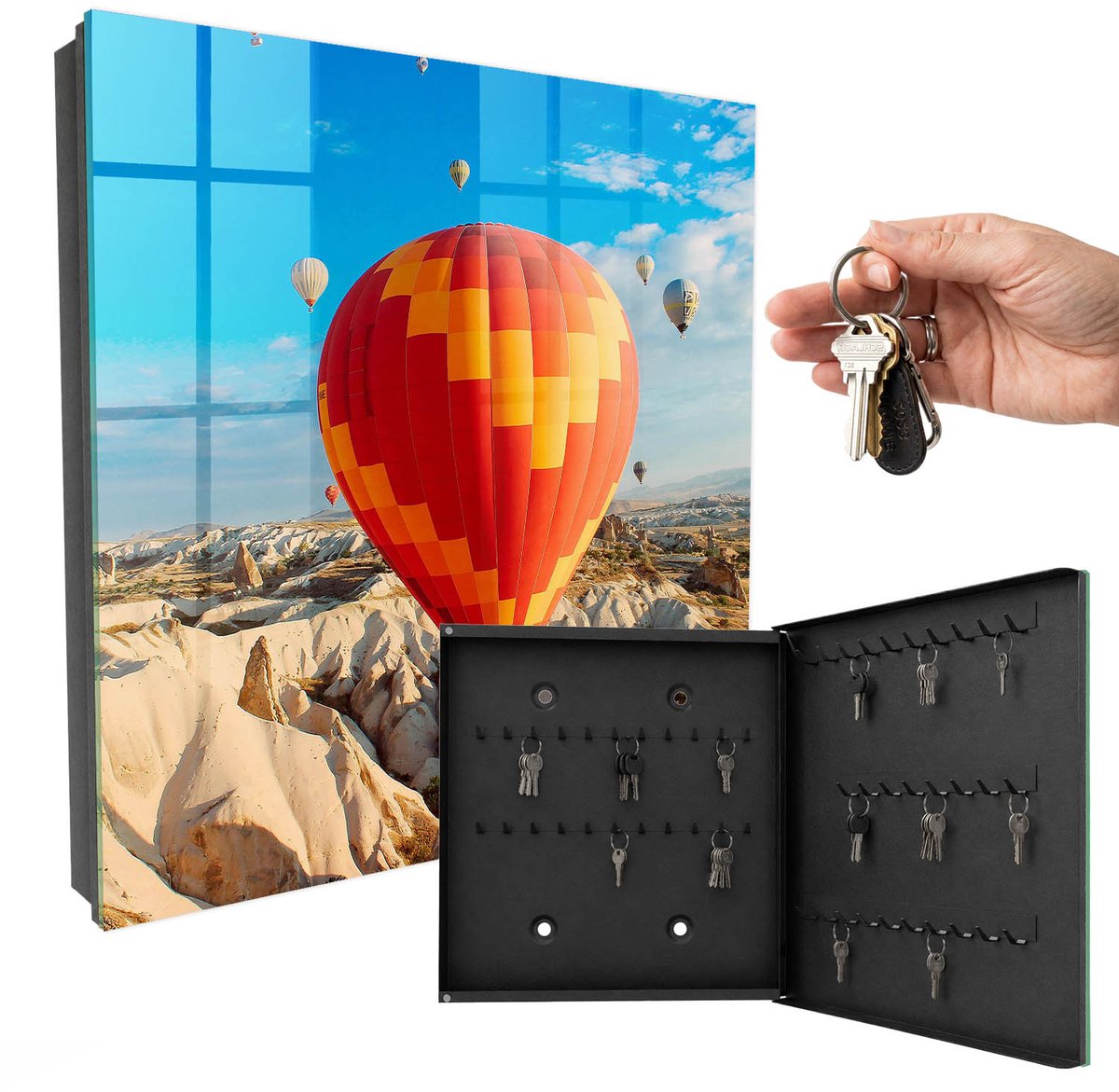 WallMuralia - Sleutelkast - 30x30x5 cm - met 50 haken - Sky Adventure Sleutelkastje Muur - Blauw Sleutelbox - Rechtsopenend - Zwart interieur