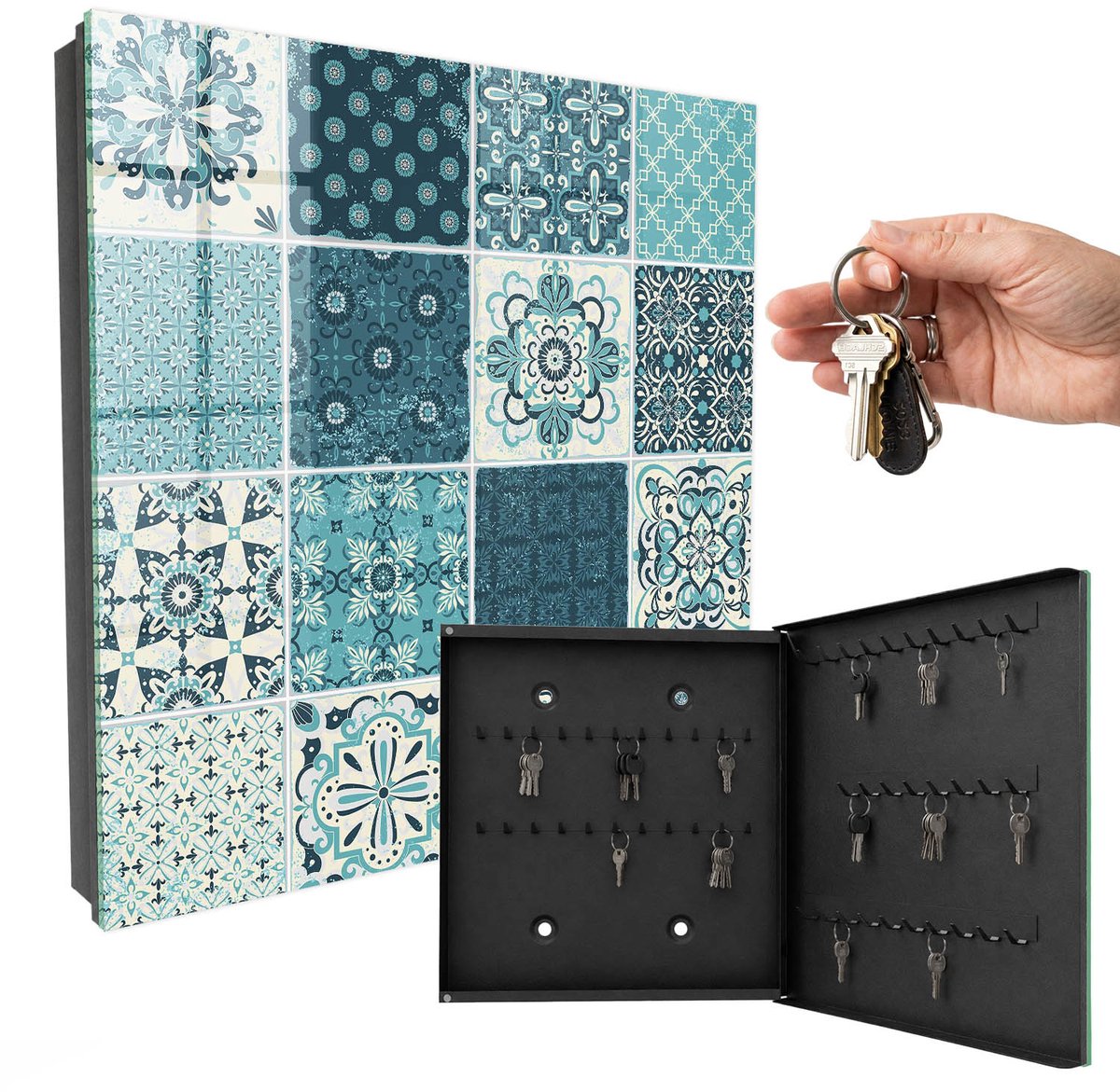 WallMuralia - Sleutelkast - 30x30x5 cm - met 50 haken - Retro Mozaïek Sleutelkastje Industrieel - Turkoois Sleutelbox - Rechtsopenend - Zwart interieur