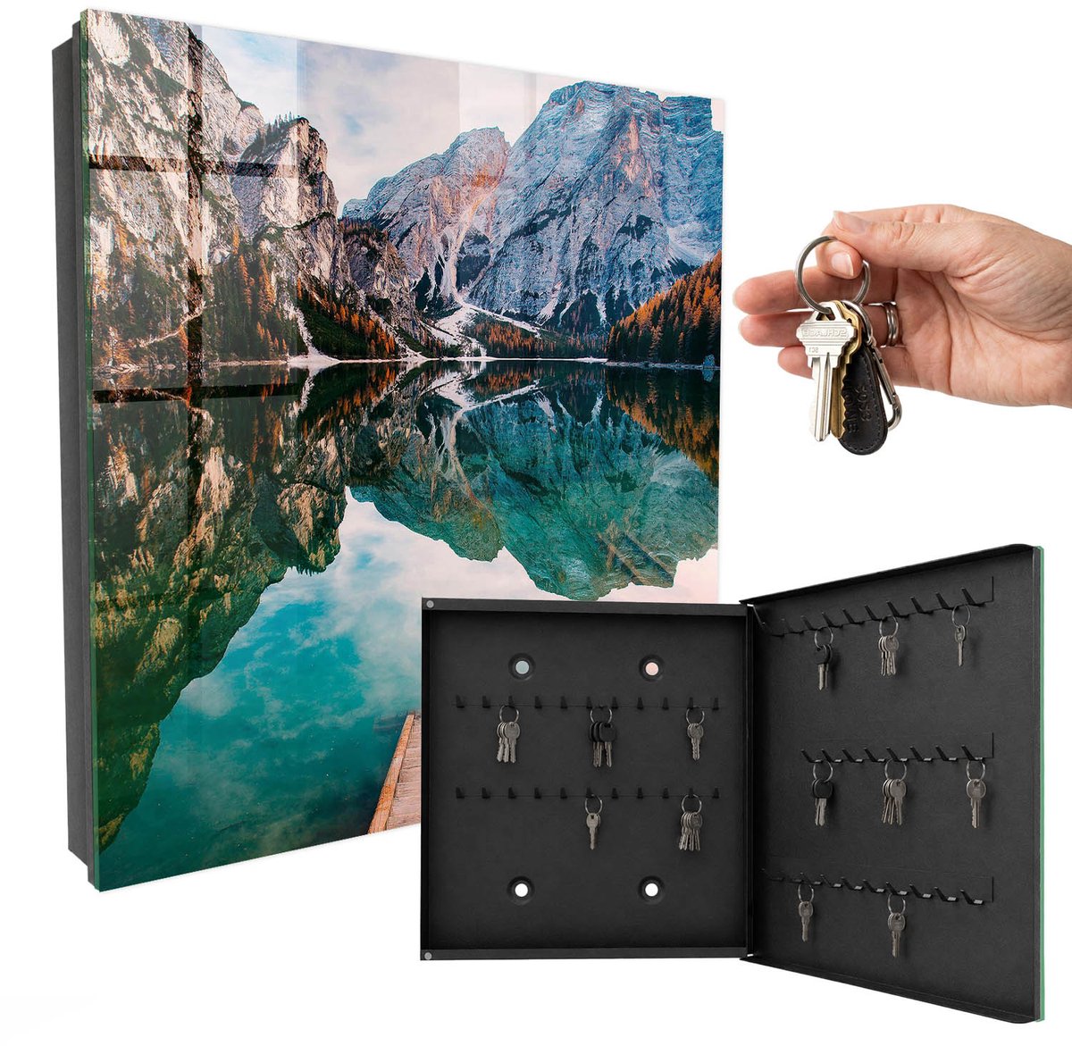 WallMuralia - Sleutelkast - 30x30x5 cm - met 50 haken - Berglandschap Design Sleutelkastje - Groente Sleutelbox - Rechtsopenend - Zwart interieur