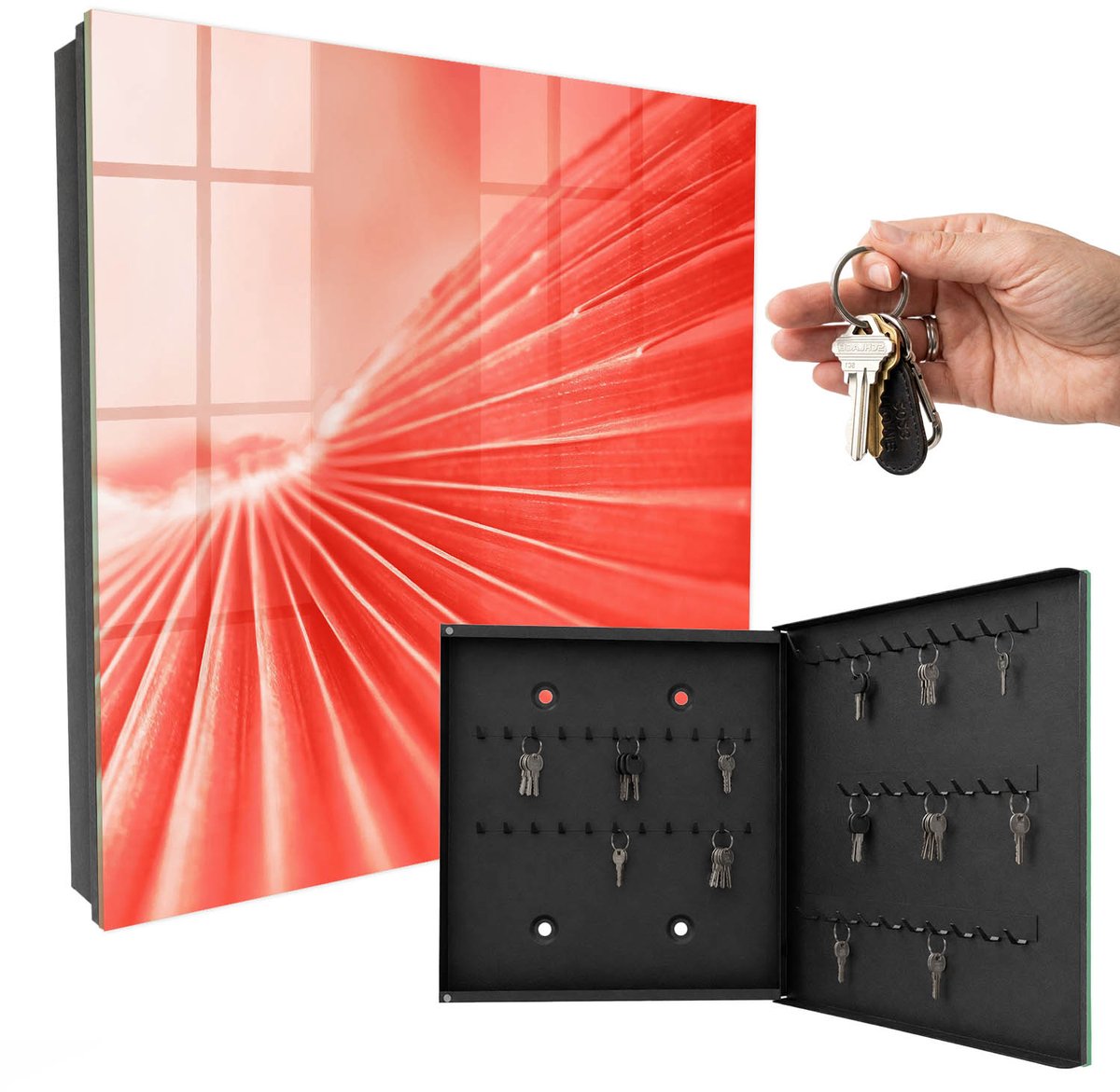 WallMuralia - Sleutelkast - 30x30x5 cm - met 50 haken - De Energie Van Kleur Design Sleutelkastje - Rood Sleutelbox - Rechtsopenend - Zwart interieur
