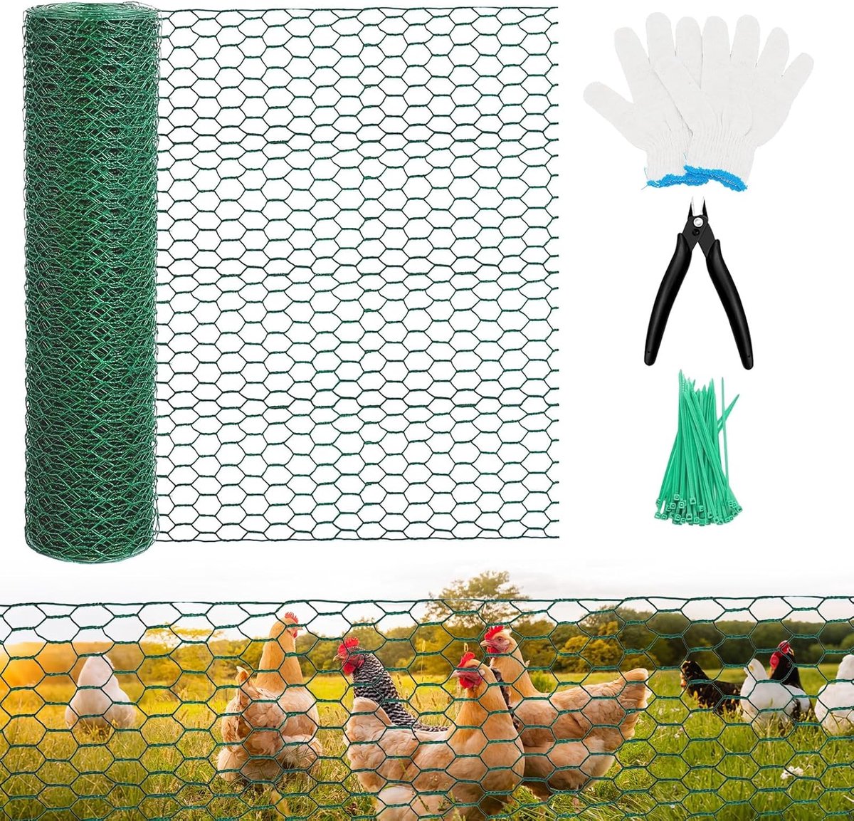 Kippengaas voor bloemstukken - zeshoekige gegalvaniseerde PVC gecoate pluimvee gaas gaas met handschoenen, draadsnijder en ritsbanden voor ambachten, gevogelte, tuinhek (15,7 x 118 lnches)
