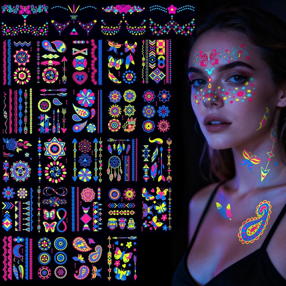 Neon tattoos, 28 vellen neon gezichtstatoeages om op te plakken, waterdichte glitter tatoeage blacklight make-up onder uv, feestaccessoires, Halloween, carnaval, festival