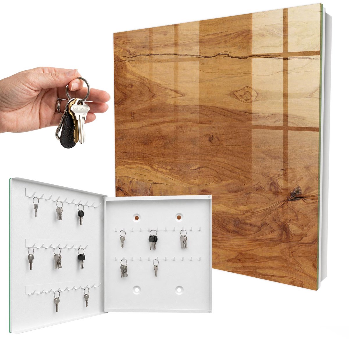 WallMuralia - Sleutelkast - 30x30x5 cm - met 50 haken - Houtstructuur Leuk Sleutelkastje - Bruin Sleutelbox - Linksopenend - Wit interieur