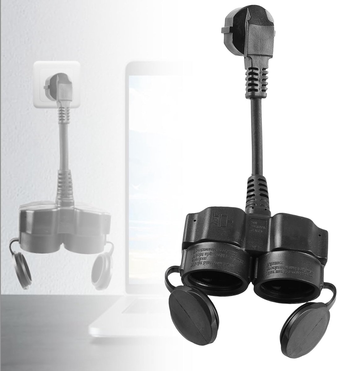 Verlengkabel met 2-voudige Schuko-stopcontacten, buiten geaard contact, korte kabel met 2 AC-stopcontacten, IP44 waterdicht, dubbele stekker voor stopcontact, kantoor en thuis, 1,5 mm², 250 V