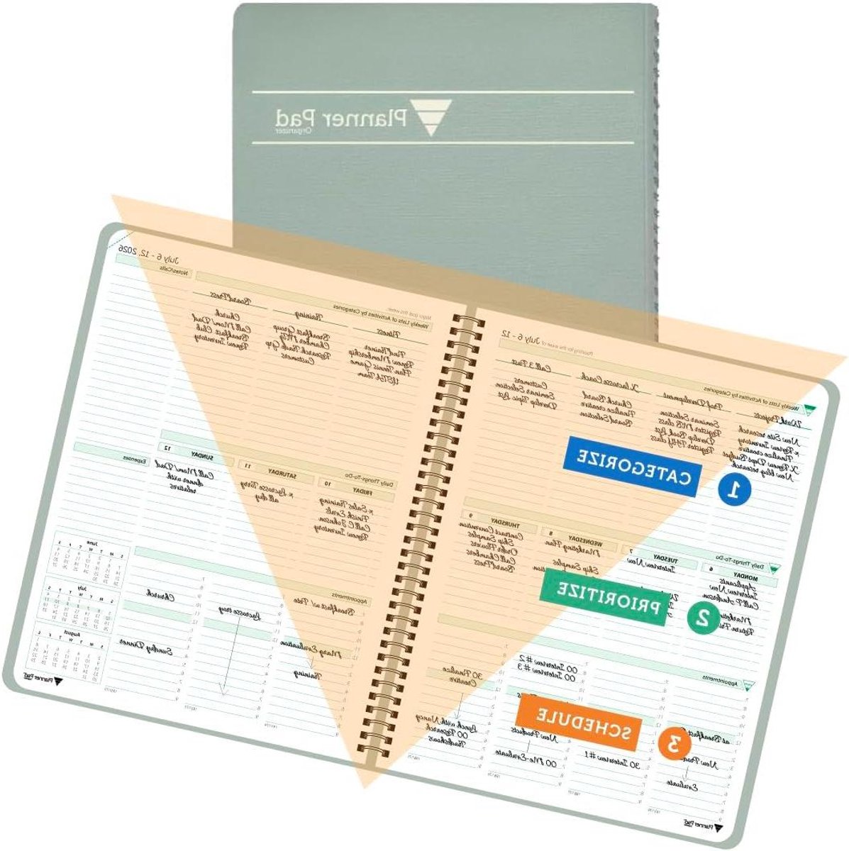 Planner Pad - Agenda Organizer - Dagelijkse Planning - 3-Tier Trechter Aanpak - 6 3/4" x 8 1/2" - Groenachtig Grijs