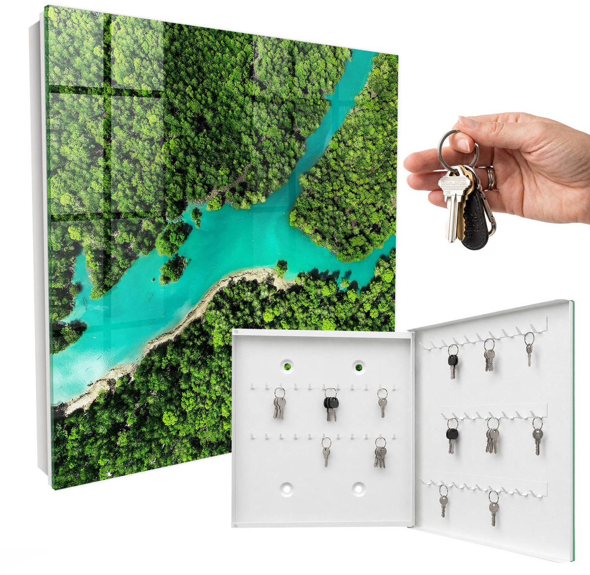 WallMuralia - Sleutelkast - 30x30x5 cm - met 50 haken - Groen Paradijs Sleutelkastje Landelijk - Groente Sleutelbox - Rechtsopenend - Wit interieur