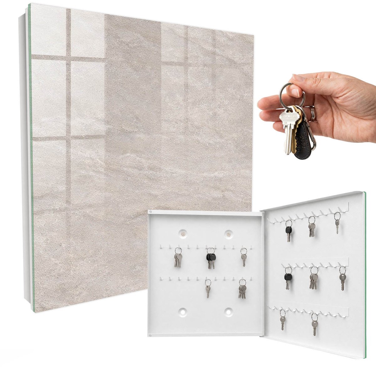 WallMuralia - Sleutelkast - 30x30x5 cm - met 50 haken - Natuurlijke Textuur Sleutelkastje Industrieel - Beige Sleutelbox - Rechtsopenend - Wit interieur