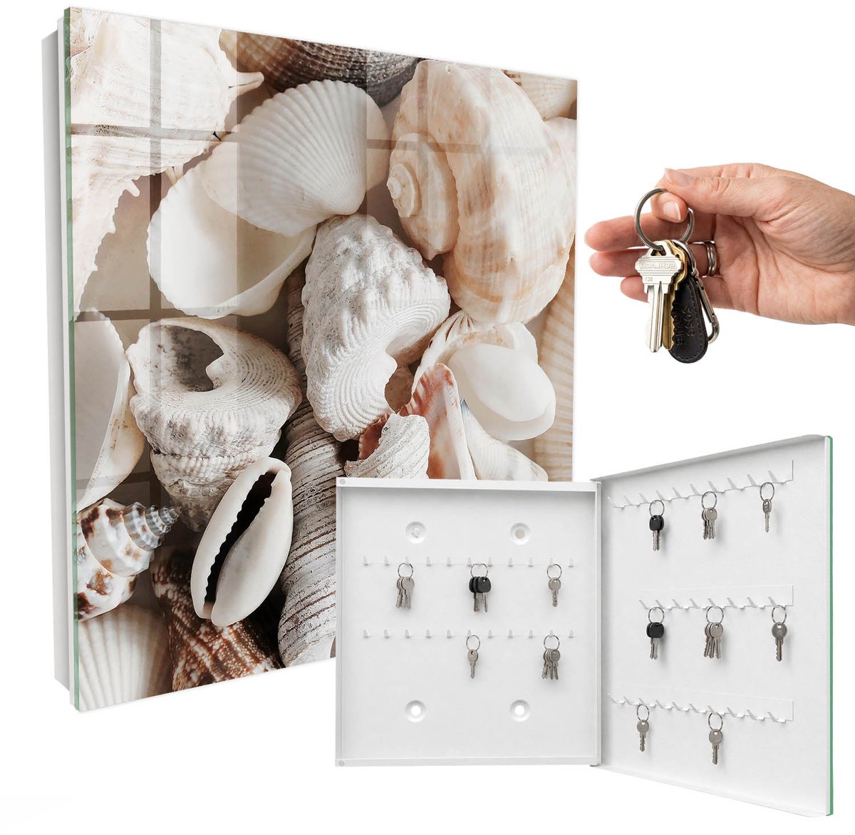 WallMuralia - Sleutelkast - 30x30x5 cm - met 50 haken - Harmonie Aan Zee Sleutelkastje Binnen - Wit Sleutelbox - Rechtsopenend - Wit interieur