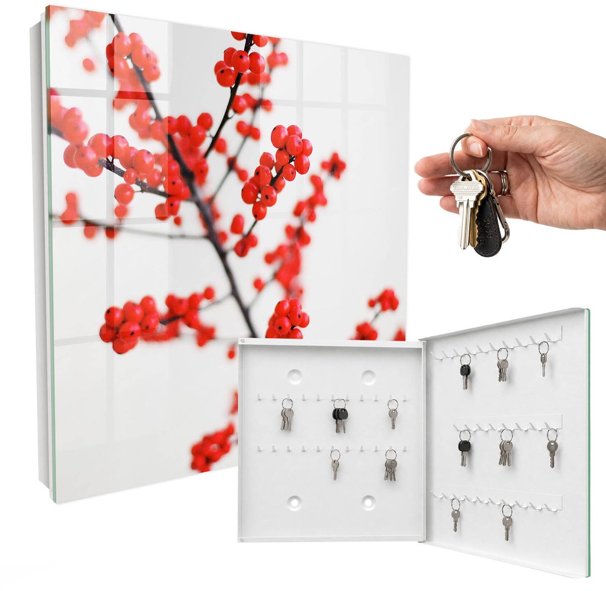 WallMuralia - Sleutelkast - 30x30x5 cm - met 50 haken - Rode Bessen Sleutelkastje Voor Binnen - Rood Sleutelbox - Rechtsopenend - Wit interieur
