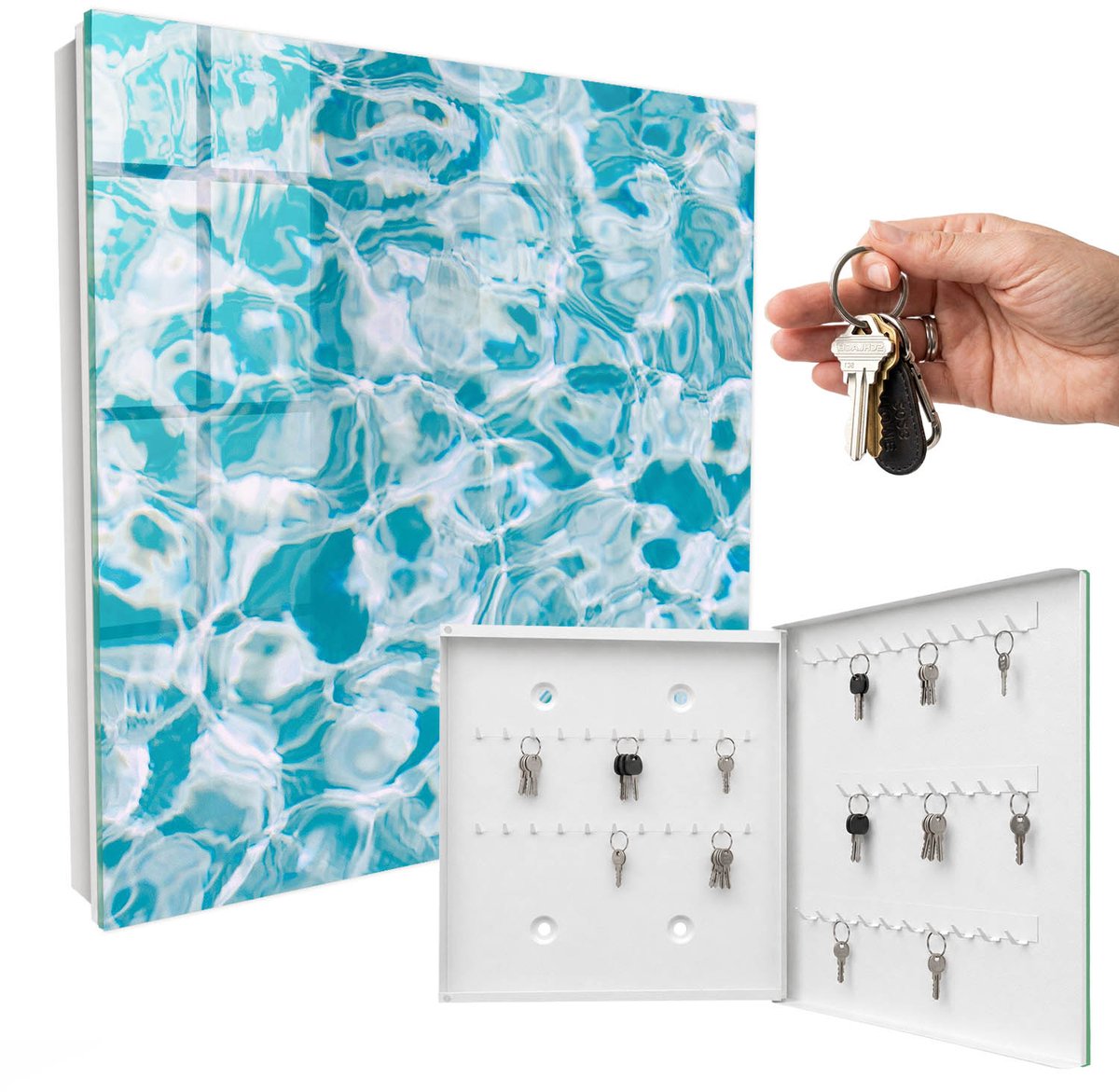 WallMuralia - Sleutelkast - 30x30x5 cm - met 50 haken - Waterwervels Sleutelkastje Klein - Blauw Sleutelbox - Rechtsopenend - Wit interieur