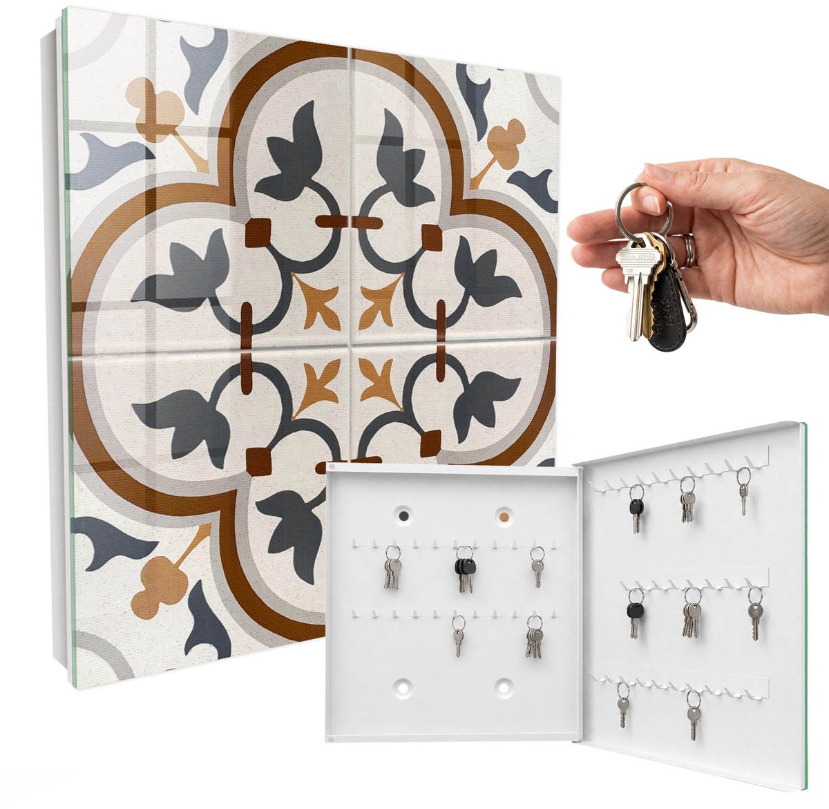 WallMuralia - Sleutelkast - 30x30x5 cm - met 50 haken - Geometrische Elegantie Sleutelkastje Landelijk - Beige Sleutelbox - Rechtsopenend - Wit interieur