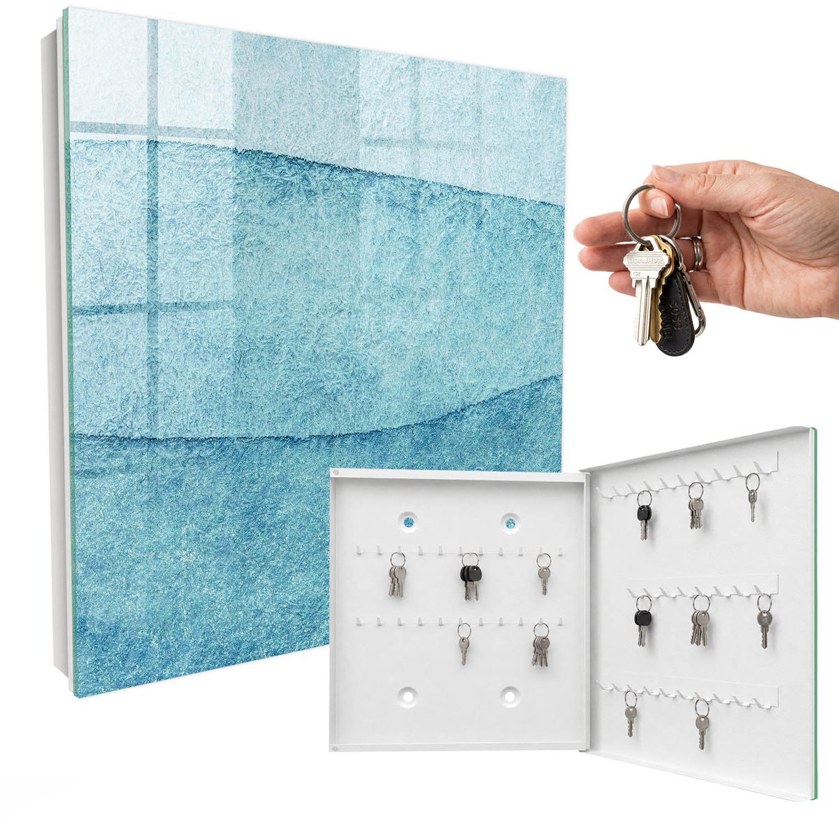 WallMuralia - Sleutelkast - 30x30x5 cm - met 50 haken - Blauwe Texturen Groot Sleutelkastje - Blauw Sleutelbox - Rechtsopenend - Wit interieur