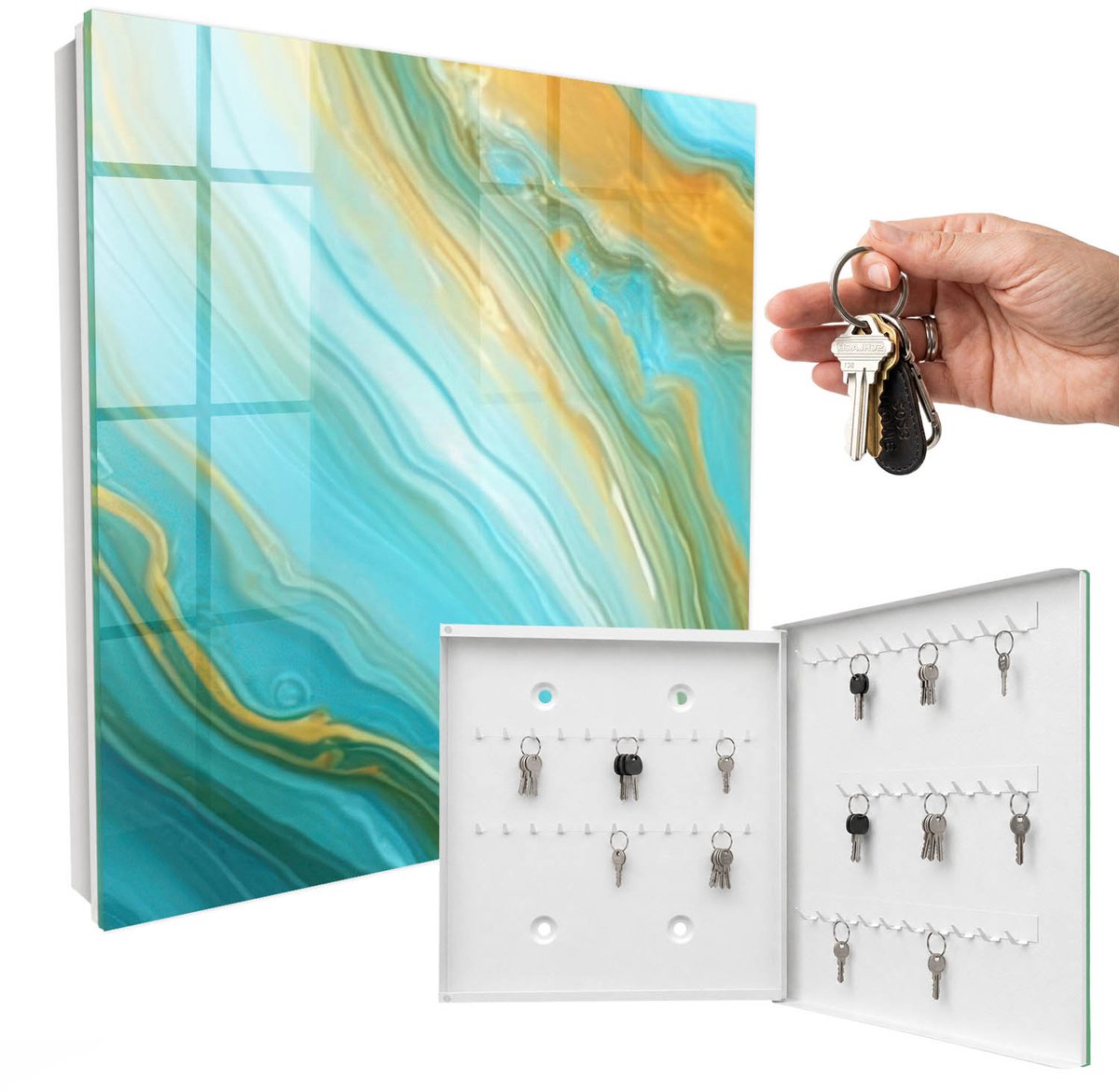 WallMuralia - Sleutelkast - 30x30x5 cm - met 50 haken - Kleurrijke Golven Groot Sleutelkastje - Turkoois Sleutelbox - Rechtsopenend - Wit interieur