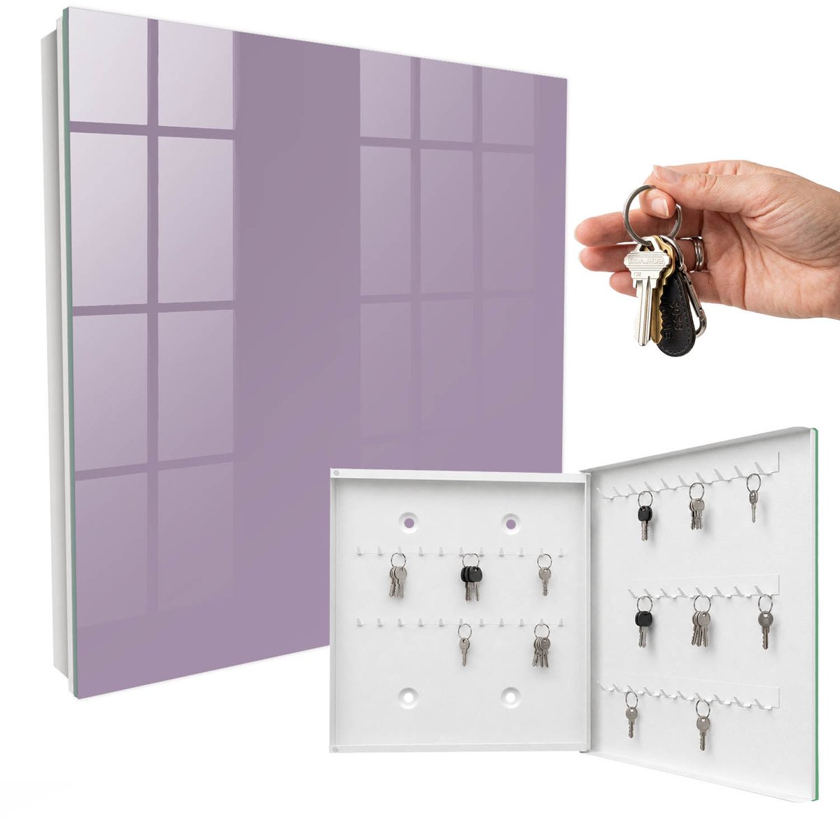 WallMuralia - Sleutelkast - 30x30x5 cm - met 50 haken - Lila Paars Sleutelkastje - Paars Sleutelbox - Rechtsopenend - Wit interieur