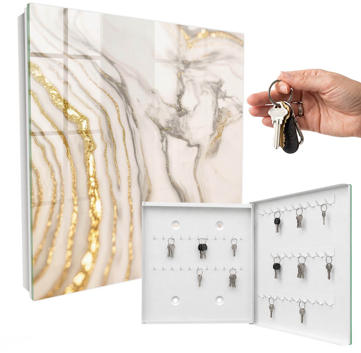 WallMuralia - Sleutelkast - 30x30x5 cm - met 50 haken - Marmeraders Sleutelkastje Huis - Wit Sleutelbox - Rechtsopenend - Wit interieur