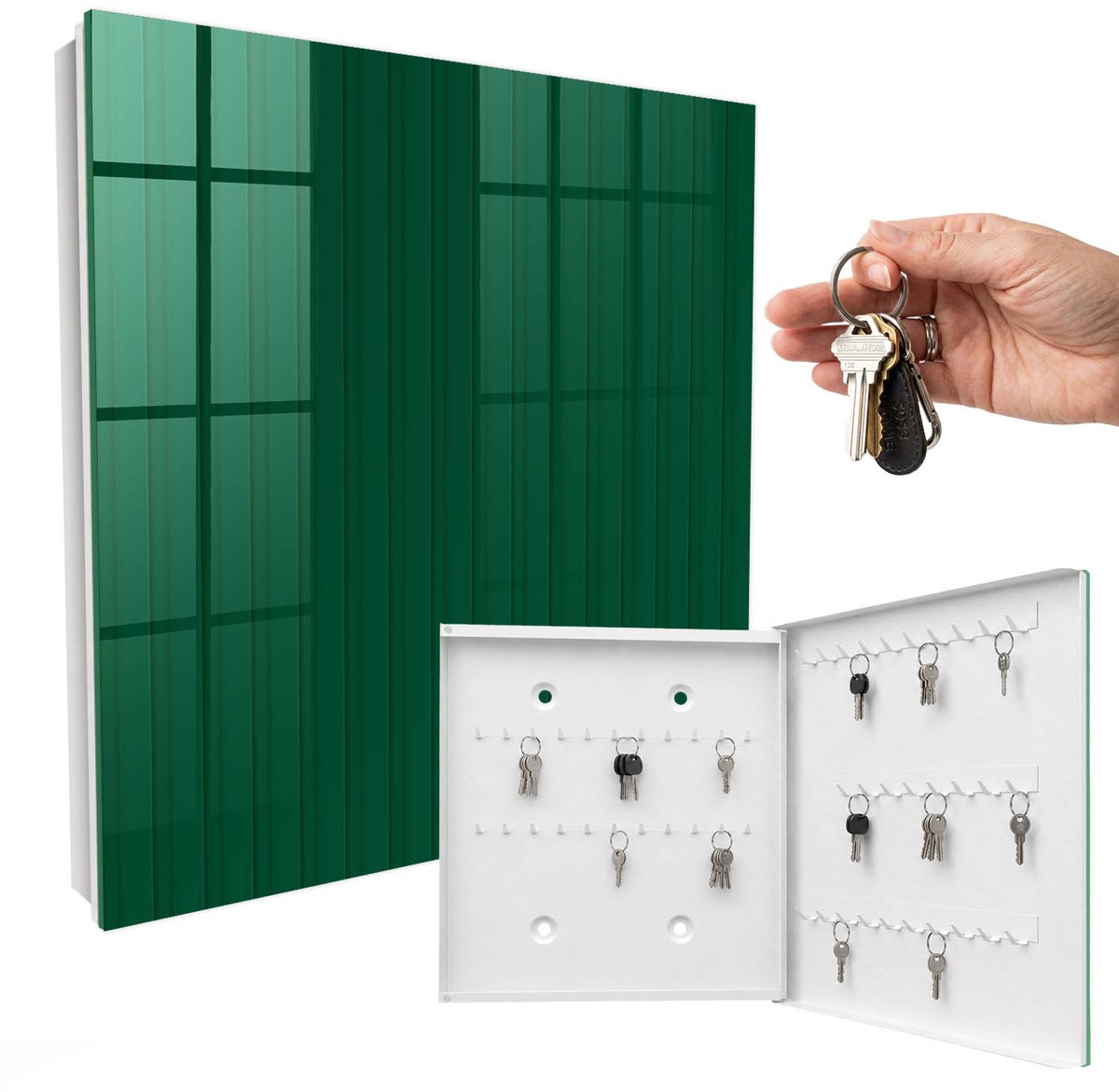 WallMuralia - Sleutelkast - 30x30x5 cm - met 50 haken - Groene Strepen Sleutelkastje Modern - Groente Sleutelbox - Rechtsopenend - Wit interieur