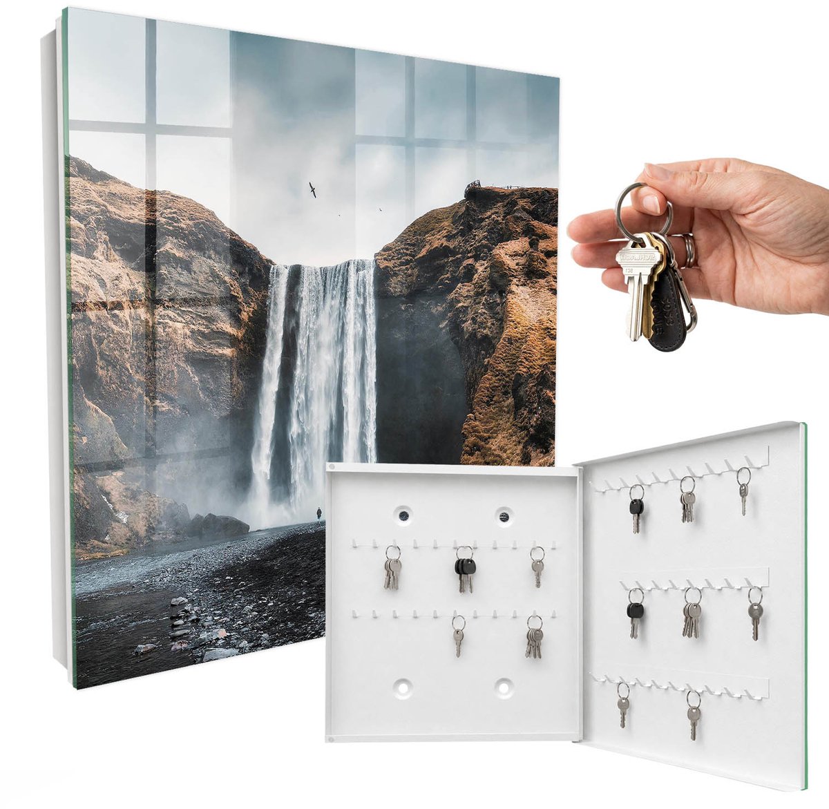 WallMuralia - Sleutelkast - 30x30x5 cm - met 50 haken - De Kracht Van De Natuur Leuk Sleutelkastje - Bruin Sleutelbox - Rechtsopenend - Wit interieur