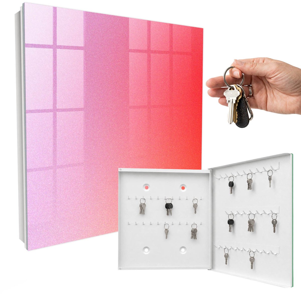 WallMuralia - Sleutelkast - 30x30x5 cm - met 50 haken - Kleurrijke Mist Sleutelkastje Binnen - Roze Sleutelbox - Rechtsopenend - Wit interieur