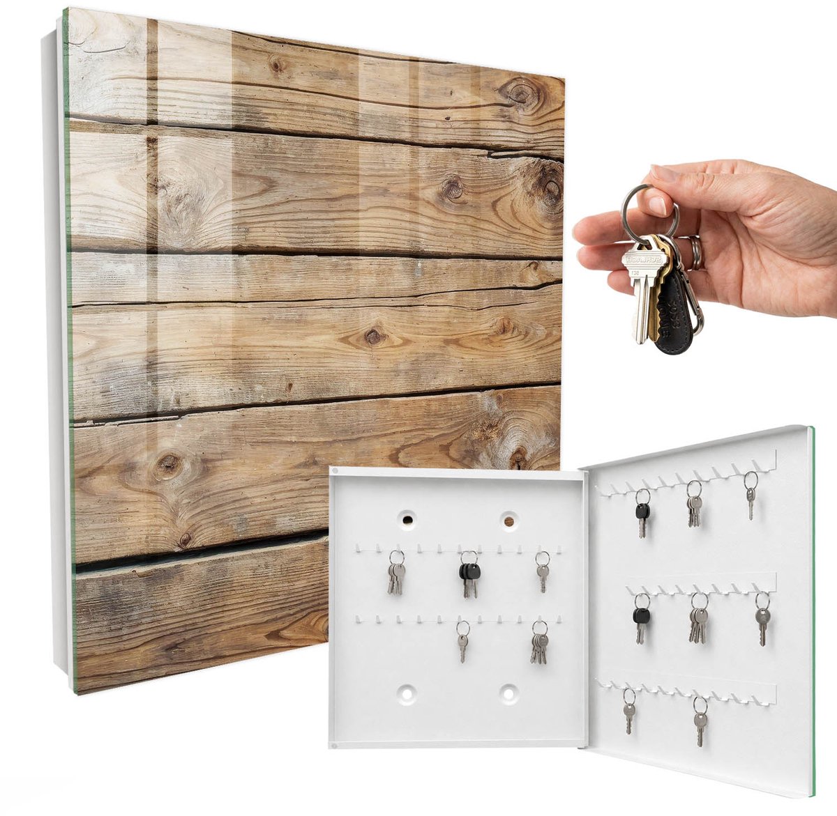 WallMuralia - Sleutelkast - 30x30x5 cm - met 50 haken - Houten Planken Groot Sleutelkastje - Bruin Sleutelbox - Rechtsopenend - Wit interieur