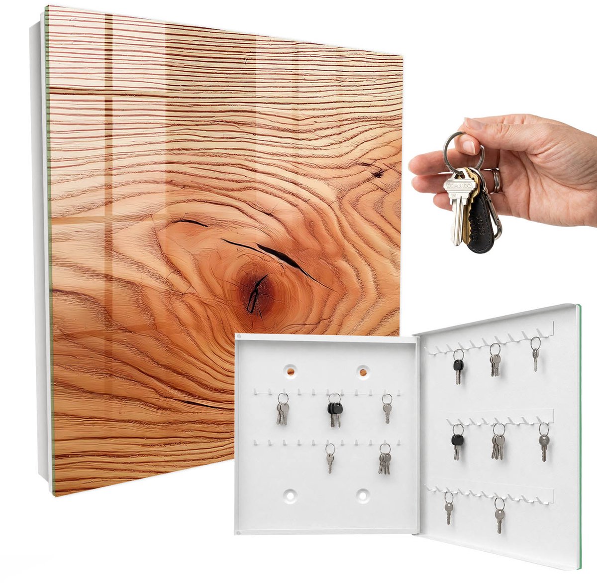 WallMuralia - Sleutelkast - 30x30x5 cm - met 50 haken - Houtnerf Sleutelkastje Industrieel - Bruin Sleutelbox - Rechtsopenend - Wit interieur